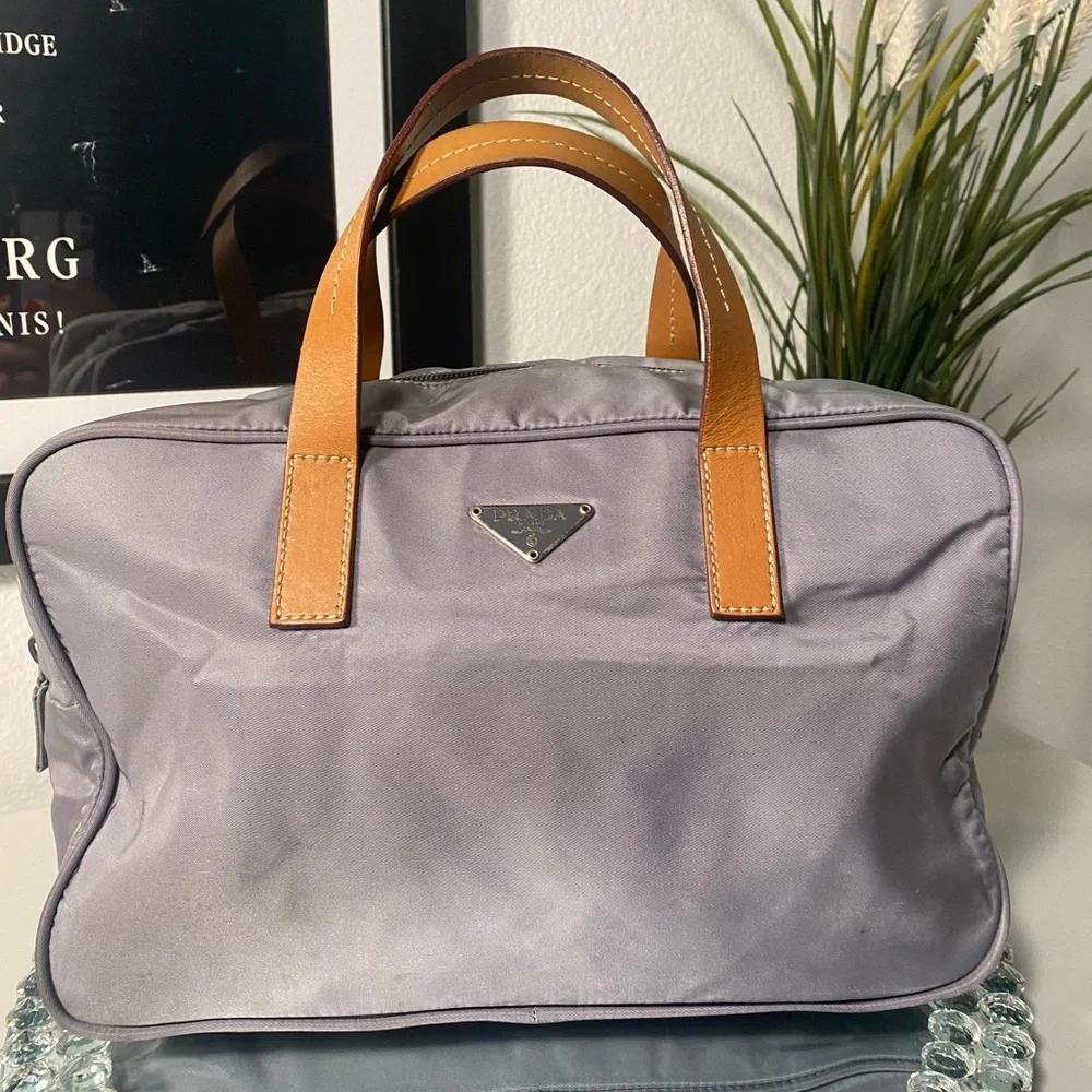 Prada Gray Nylon Satchel with Tan Leather Handles